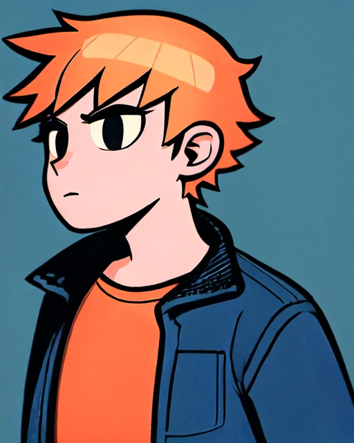 <lora:scottpilgrimvstheworld:1> scottpilgrimvstheworld, 1boy, simple background, orange hair, shirt, open jacket, upper body,