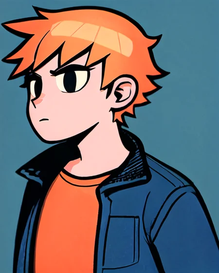 <lora:scottpilgrimvstheworld:1> scottpilgrimvstheworld, 1boy, simple background, orange hair, shirt, open jacket, upper body,