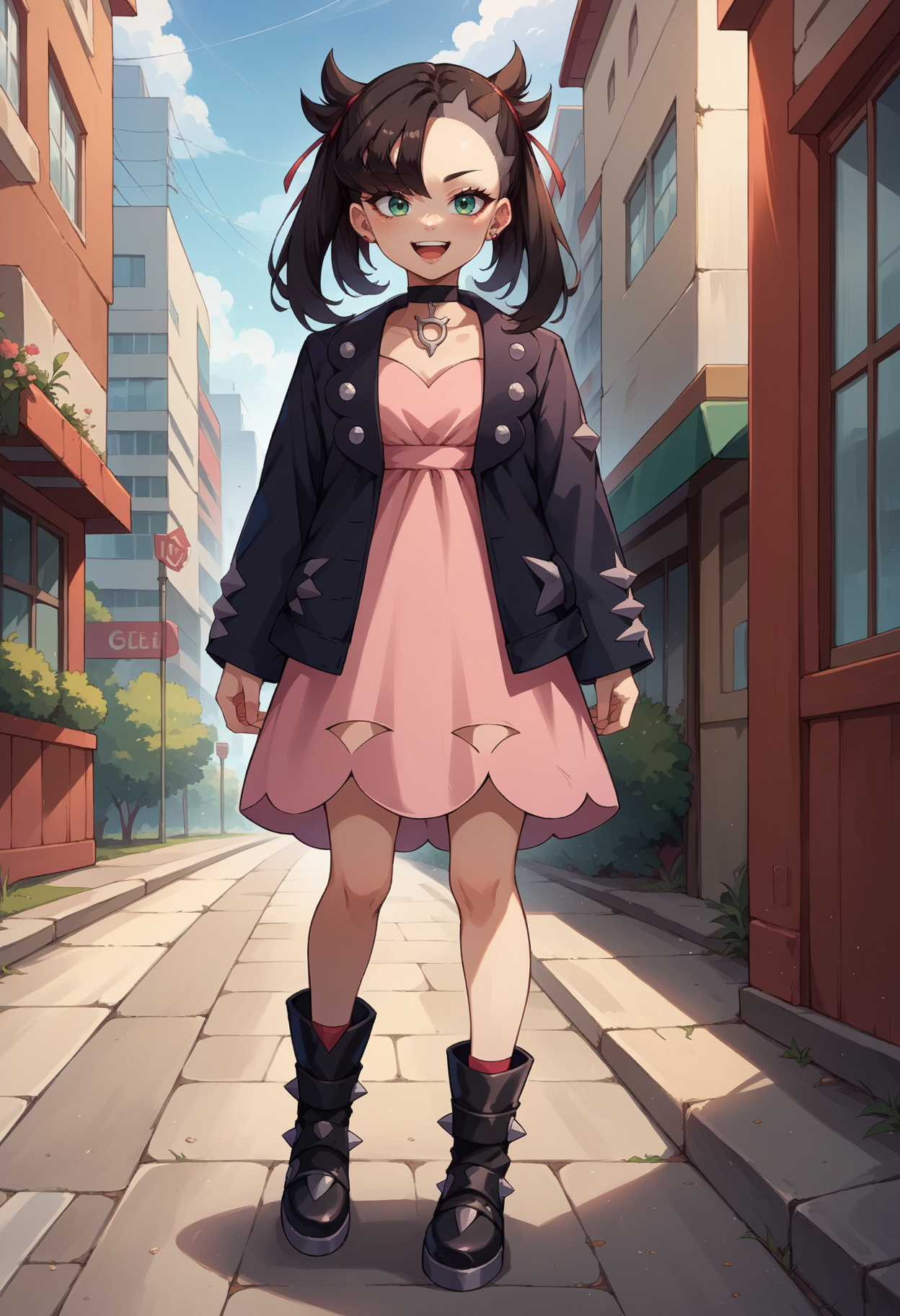 score_9, score_8_up,score_7_up, source_anime, rating_safe, 1girl, solo,<lora:EPpkMarnie:1>, black hair, green eyes, hair ribbon, twintails, asymmetrical bangs, red ribbon, OutfitCas, pink dress, black jacket, black choker, jewelry, earrings, black footwear, boots, long sleeves, open clothes, outdoors, happy, city,