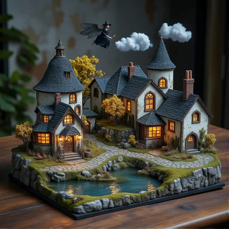 This is a miniature diorama that recreates a town lined with old buildings reminiscent of Medieval Europe, and a world where young, beautiful witches fly through the sky on broomsticks. It is placed next to a grimoire. Each roof and wall is carefully weathered, and professional lighting gives it an indistinguishable finish from the real thing.
<lora:Flux.1_Turbo_Detailer:0.7>, <lora:Diorama_Flux:0.9>