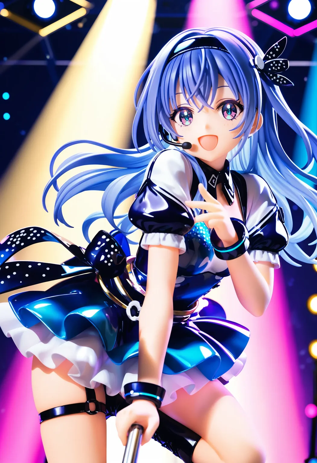 h_suzuki, score_9, best quality,
1girl, solo, long hair, smile, hairband, bangs, open mouth, blue hair, hair between eyes, blue eyes
glowstick, lights, bare arms, multicolored dress, boots, concert, detached sleeves, dress, idol, idol clothes, indoors, posing on stage, puffy detached sleeves, puffy short sleeves, puffy sleeves, short sleeves, solo focus, spotlight, idol concert, looking at viewer, headset, colorfull stage, stage lights, pillar, neon
<lora:h_suzukiXL_pony:1>
