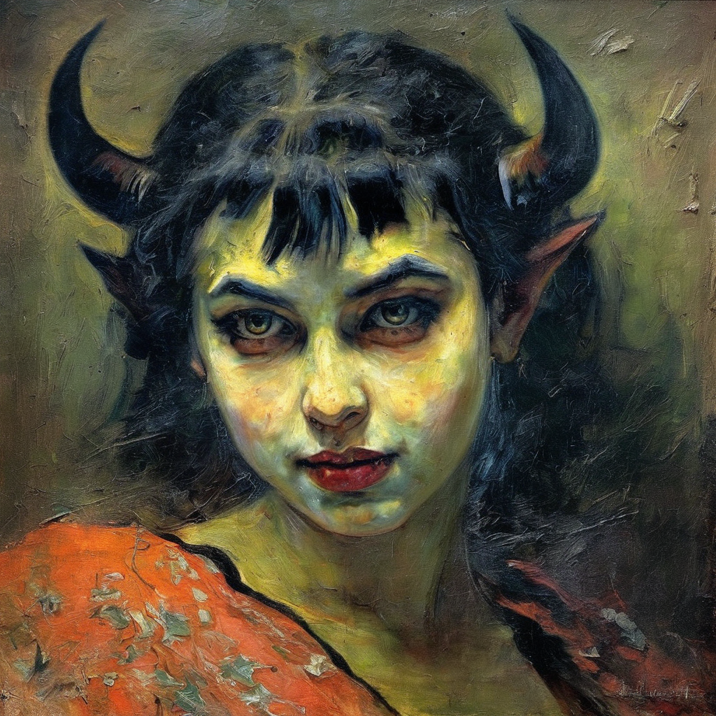 barbacki portrait of a beautiful demon girl, dark background<lora:barbacki:1>
