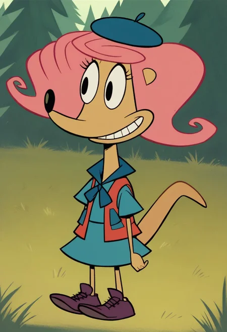 score_8, score_8_up, score_7_up, 1girl, female focus, solo, furry, Patsy_CL, tail, black eyes, bright pink hair, blue green beret, blue green dress, red vest, dark purple shoes, outside, in forest, grass, full body, standing, smile