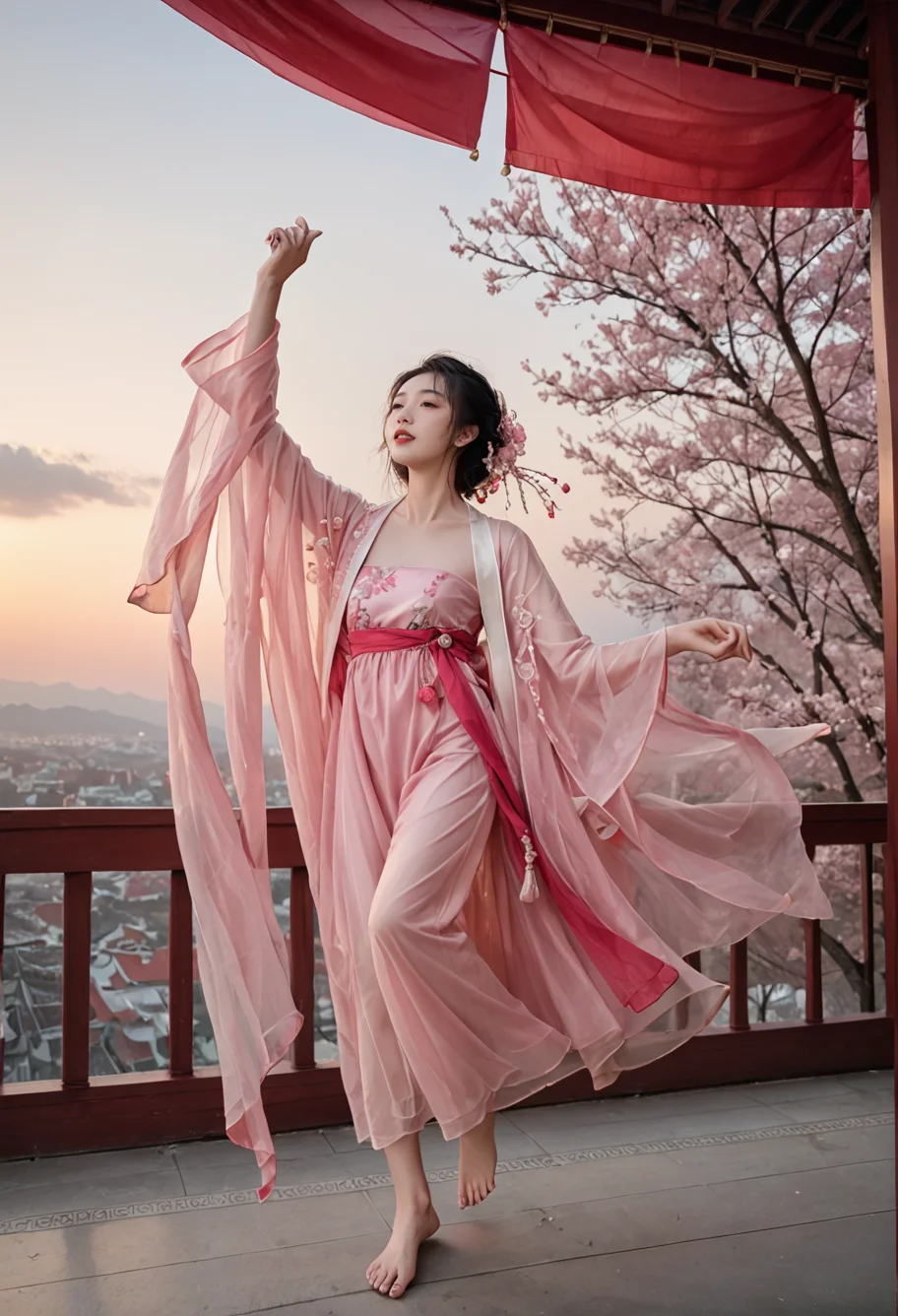 1girl,solo,barefoot,dancing,sky lantern,,ruanyi0758,hanfu,pink dress,see-through,shawl,wide sleeves,jewelry,<lora:0758 Peach Blossom Hanfu_v1_pony:1>, score_9,score_8_up,score_7_up,,8k,1girl,solo,