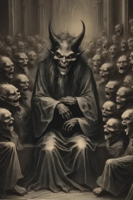 <lora:Gustave Dore Style:1>Gustave Dore Style - prim demon sits quietly in a pew all alone in the otherwise crowded church service, realistic illustration