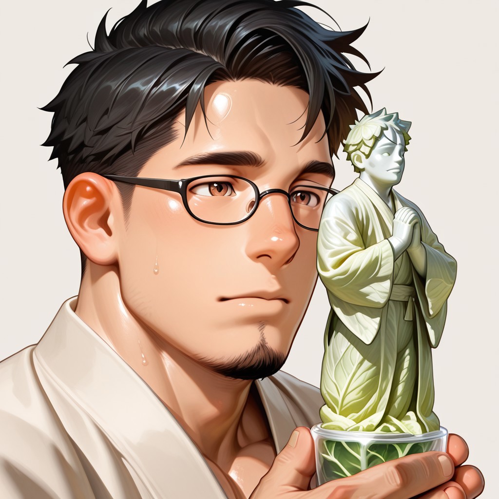masterpiece, best quality, amazing quality, absurdres, newest, detailed background, definition so sharp, Ultra-HD, 8K cinematic, very awa, impressionate, amazing quality, highres, 
solo, male focus, manly, shadow, shiny skin, pastel colors, warm color, delightful,
a praying statue, glass shard, BREAK ettaphyl (1boy, bara, short hair, black hair, brown eyes, glasses, goatee,), extream close-up, robe made of cabbage, cjdl, vegetable, cabbages