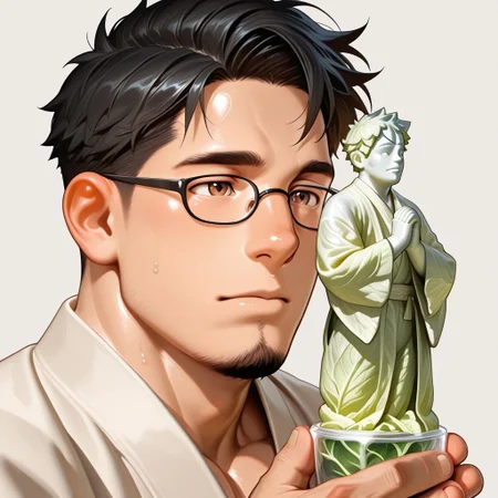masterpiece, best quality, amazing quality, absurdres, newest, detailed background, definition so sharp, Ultra-HD, 8K cinematic, very awa, impressionate, amazing quality, highres,
solo, male focus, manly, shadow, shiny skin, pastel colors, warm color, delightful,
a praying statue, glass shard, BREAK ettaphyl (1boy, bara, short hair, black hair, brown eyes, glasses, goatee,), extream close-up, robe made of cabbage, cjdl, vegetable, cabbages