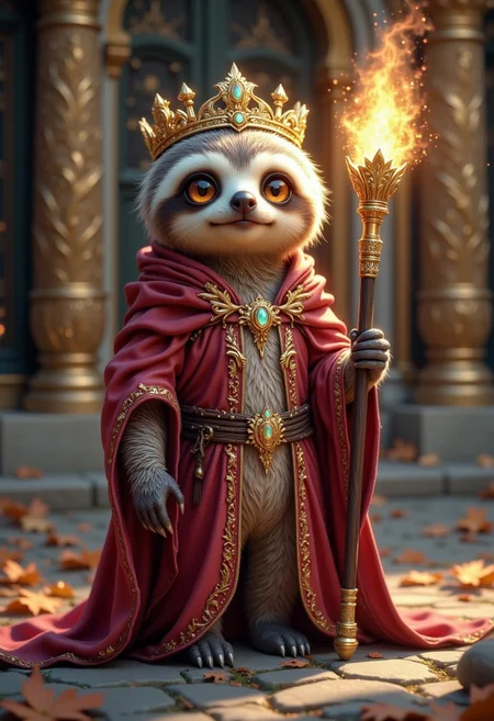 cute sloth king wearing a robe and holding a magic staff, pinkenchantedmj