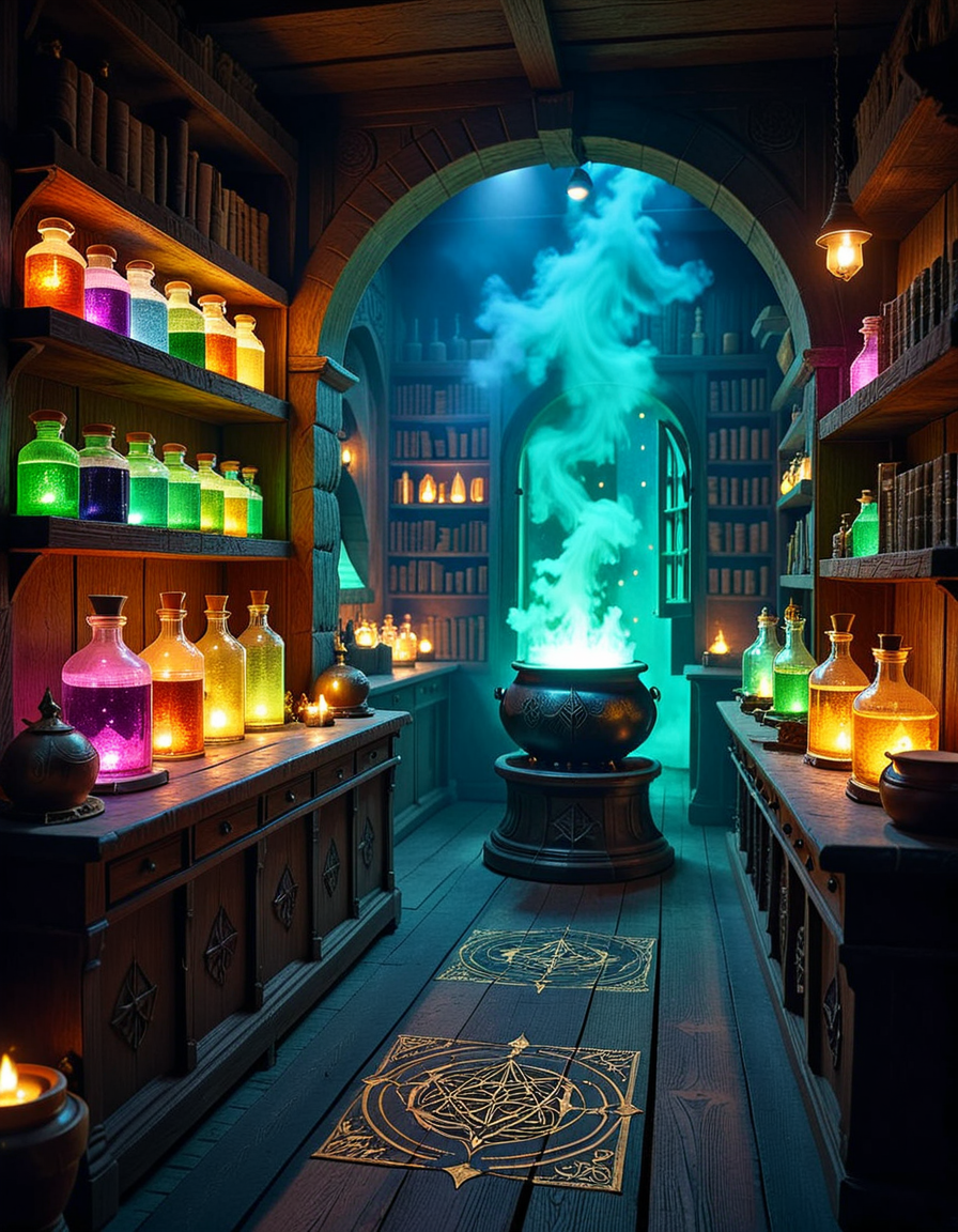 A dimly lit, mysterious alchemy shop filled with ancient books, glowing potions, and strange magical artifacts. Wooden shelves, covered in dust and cobwebs, are packed with glass bottles containing bubbling liquids in deep purples, shimmering golds, and eerie greens. The air is thick with swirling mist, and candlelight flickers, casting long shadows across the stone walls. In the foreground, an old wooden counter holds an open grimoire, alongside mortar and pestles, dried herbs, and mysterious symbols carved into the surface. Strange objects like a levitating crystal orb, a preserved dragonâs eye in a jar, and an enchanted dagger with glowing runes are displayed throughout the space. A bubbling cauldron in the corner emits a soft, eerie glow, illuminating the intricate arcane symbols on the floor. The atmosphere is dark, mystical, and full of ancient secrets, evoking a sense of forgotten magic and hidden knowledge.
<lora:SDXLFaeTastic2400:0.4> <lora:extremely_detailed:0.4> extremely detailed,<lora:mysterious_4lch3my_sh0p:1>,mysterious 4lch3my sh0p, Masterpiece,best quality,hi res,8k,hi res,8k,award winning,(sharp focus, intricate, highly detailed),