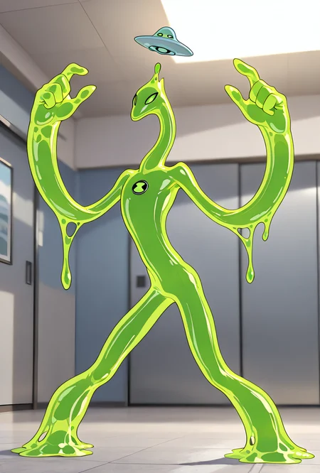 <lora:goop-09:1> goop, solo, no humans, male focus, green skin, pokemon (creature), slime (substance), translucent character, transparent skin, floating small ufo on head, dynamic pose, stretchy limbs, green slime, massive hands,
<lora:elongated_pony-adafactor-8x4-4x1-cs1:1> elongated, long arms, long torso, long legs, long neck, noodling, tangled, wrapped around, masterpiece, best quality, amazing quality, very aesthetic, absurdres, newest,