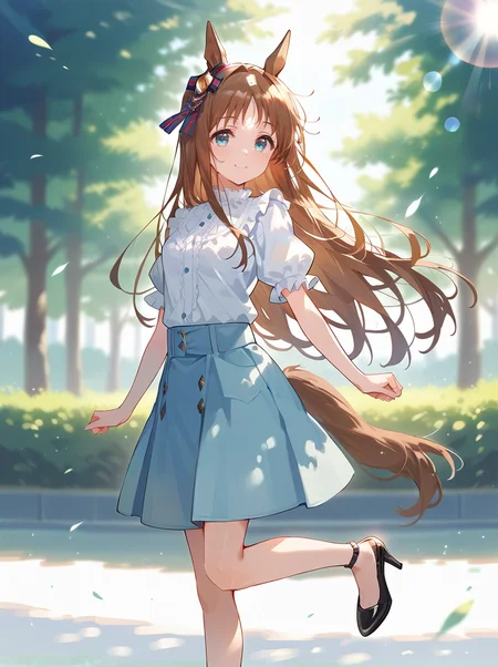 score_9, score_8_up, score_7_up, rating_safe, masterpiece, best quality, absurdres, unity 8k wallpaper, official art, official style, source_anime,
grass wonder \(umamusume\), 1girl, horse ears, horse tail, looking at viewer, white background, full body, simple background, high heels, smile, standing, white shirt, light blue skirt, puffy short sleeves, casual, frilled shirt, pencil skirt, high-waist skirt, medium skirt, two-tone ear ornament
cowboy shot,light rays,lens flare,light particles,
motion blur, lens flare,outdoors,
 <lora:pony_grass_wonder_v1.01:0.85>