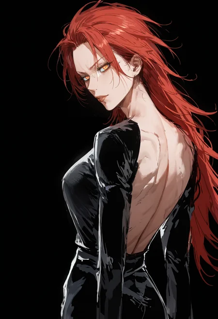 score_9, score_8_up, score_7_up, score_6_up, score_5_up, score_4_up,
 <lora:ValoraV2:1> v4l0r4,
rating_safe, 1girl, seductive, cool, perfect body,Tilt head,2.5d,ornament,narrow waist,big breasts,long red hair large breasts,arching back,serious, glowing blue yes,Vertical slit pupils, HI-res,masterpiece,black suit with shirt and slack,handsome appearance ,black neckties, tomboy, back view,back, simple background, black background