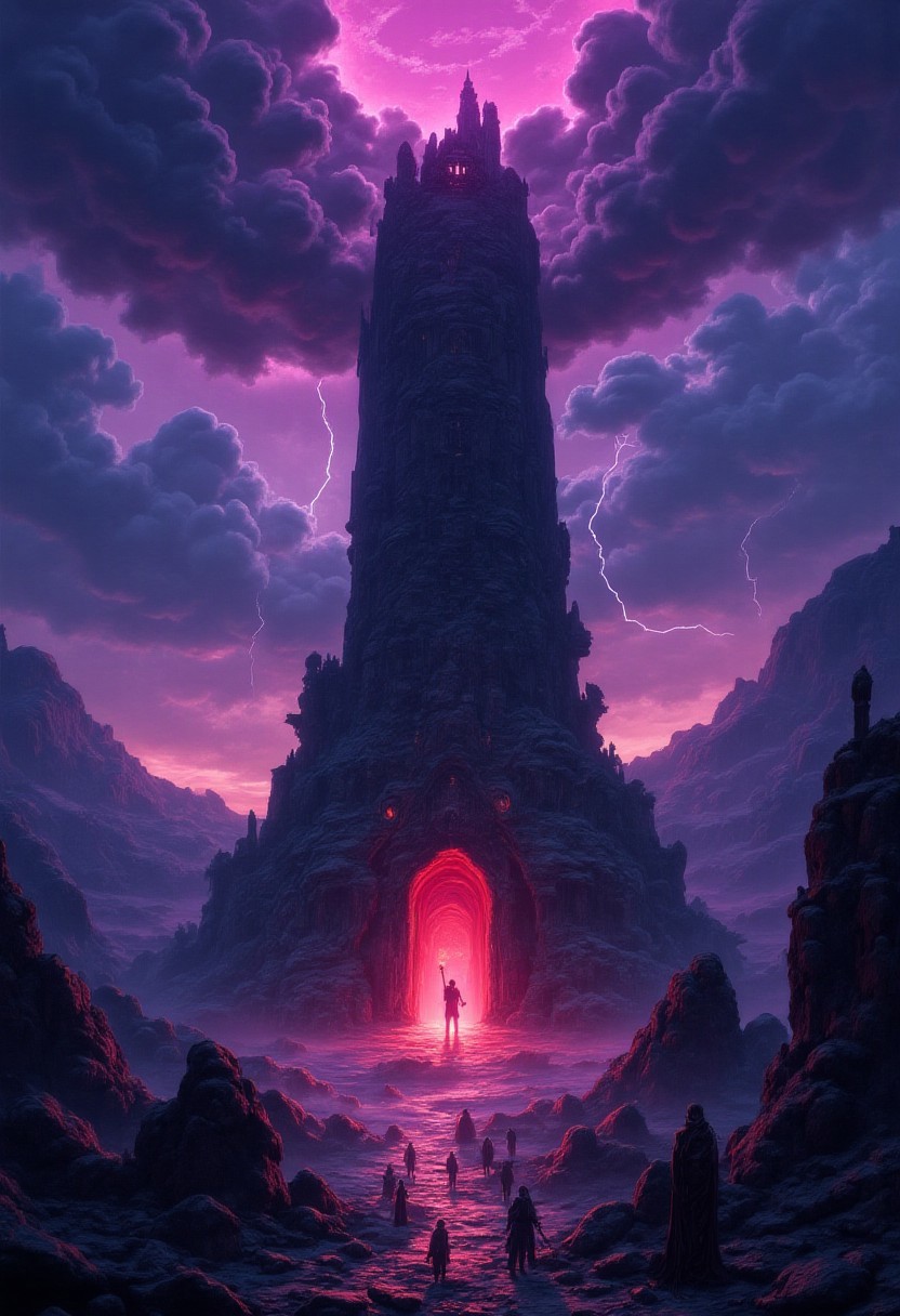 a dark, corrupted fantasy landscape, with a stone temple in the middle of a barren rocky landscape, corrupted and evil figures in robes dotted around the tower, with clouds of dark purple, dark blue and dark red swirling round a dimensional rift, forks of lightning striking down. High Detail, Perfect Composition, fantasy art poster image, dark coloured themes, interesting backlighting, high contrast