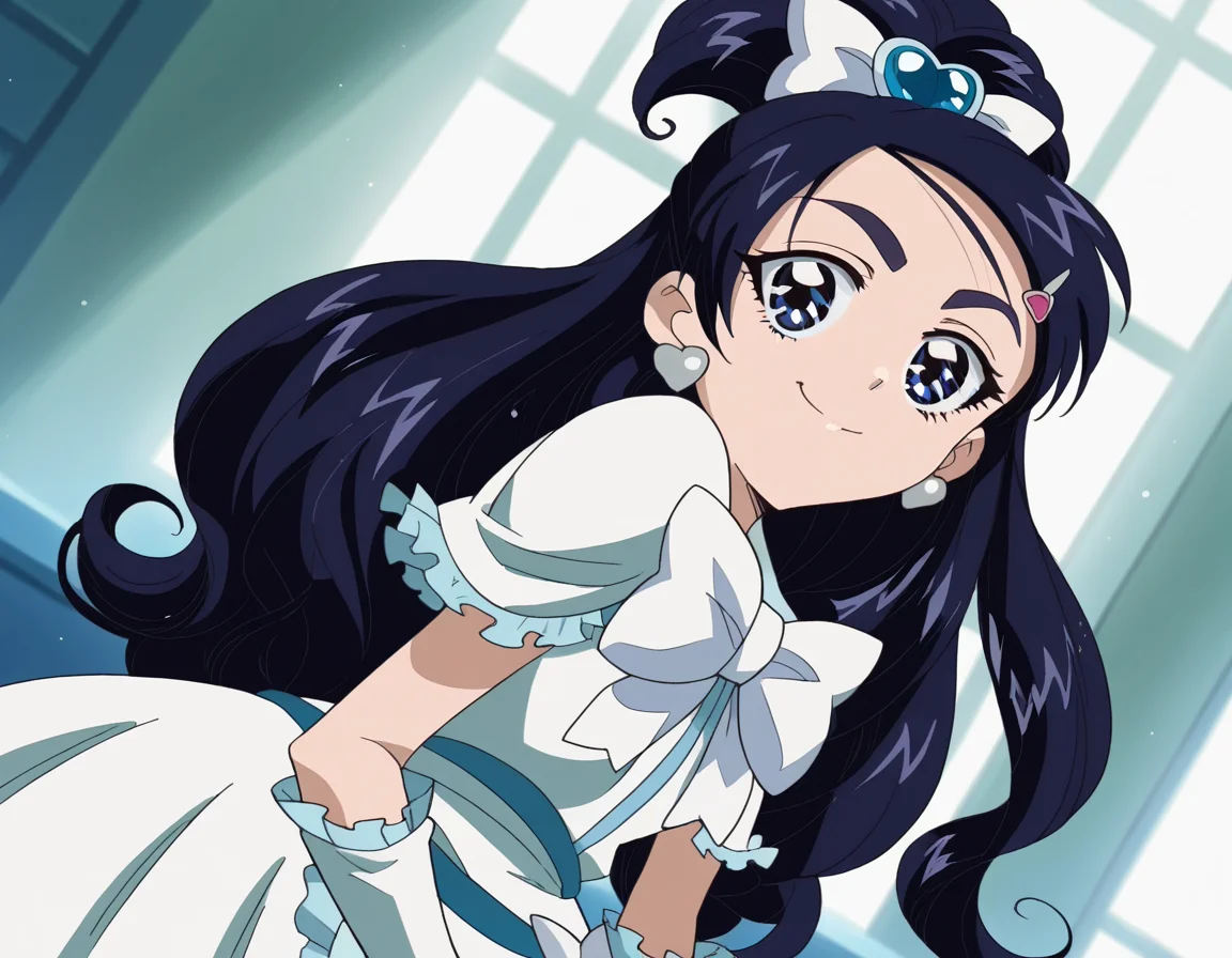 score_9, score_8_up, score_7_up, source_anime, <lora:honoka-yukishiro-anime-ponyxl-lora-nochekaiser:1>, honoka yukishiro, long hair, blue eyes, hair ornament, blue hair, hairclip,, dress, jewelry, earrings, magical girl, half updo, cure white, frills, bowtie, white bowtie, gloves,, indoors, bent over, smile, smug, looking at viewer, solo,, cowboy shot, dutch angle