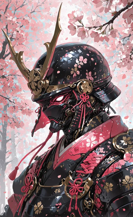 masterpiece, best quality, good quality, very awa, newest, highres, absurdres, solo, flower, armor, no humans, petals, helmet, portrait, robot, cherry blossoms, mecha, japanese armor, samurai, kabuto \(helmet\), limited palette, xxx667_illu,
15546+456868 <lora:illustriousXL_stabilizer_v1.23:0.3> <lora:NOOB_vp1_detailer_by_volnovik_v1:0.3> <lora:ponyv6_noobE11_2_adamW-000017:0.3> <lora:114558v4df2fsdf5:0.6> <lora:mon_monmon2133:0.5> <lora:-_iLL_-_the_edgy_mech_V3.0:0.7>