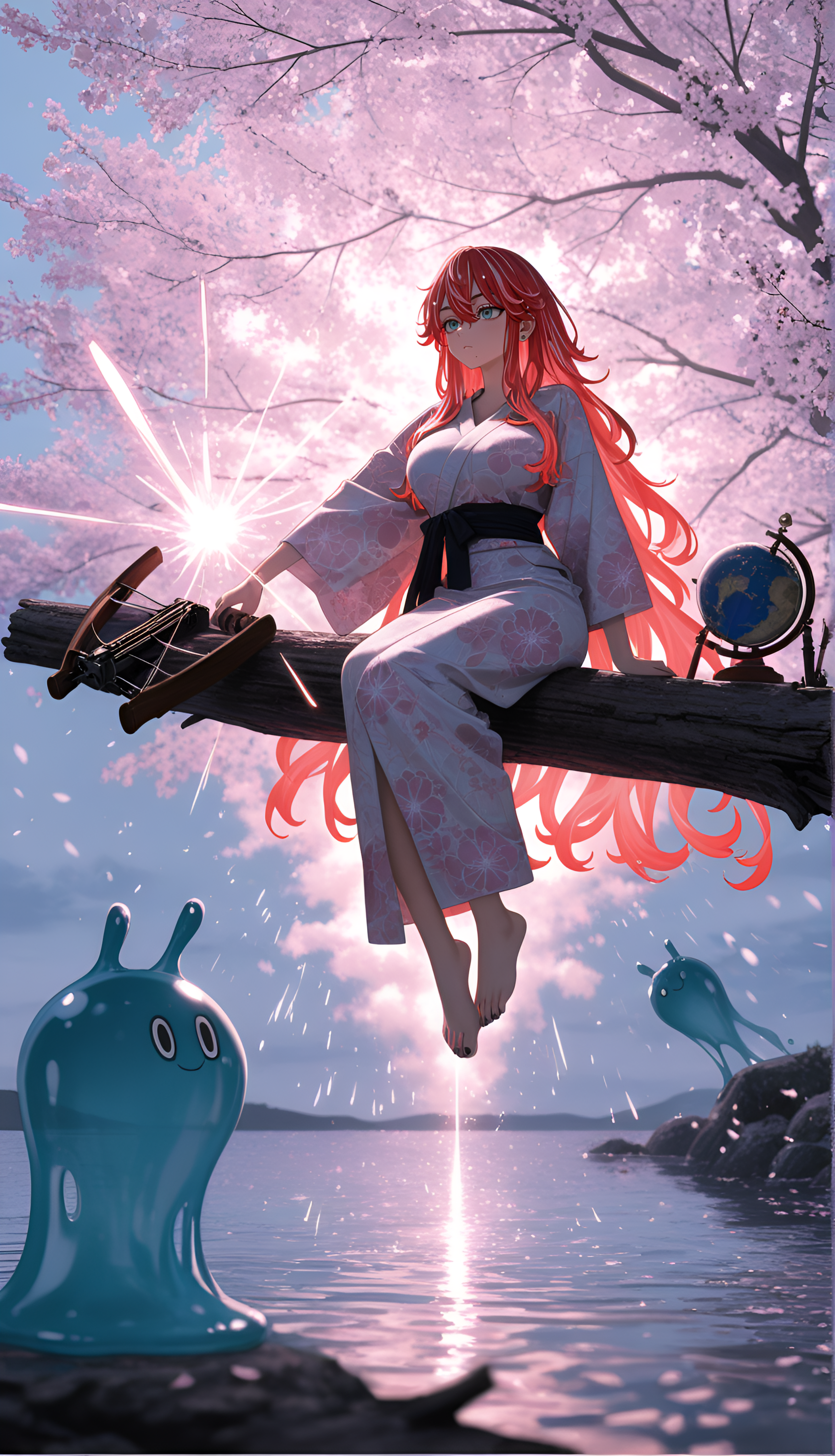 Locksmith (Magical Locks), moderate tattoos, ambient occlusion, masterpiece, Yukata with a cherry blossom pattern, best quality, Fire ombré hair, ultra-detailed, tied to show the legs., anime character, balancing on a log, 2boys, motion_blur:1.1, blurry foreground, very long hair, slime_(creature), nail_polish, 8K, very aesthetic, vhs tape aesthetic, amazing quality, motion_lines:1.1, Glistening / Dew Drops, HDR, Demonic Entity, 1girl, glow, Rapunzel-length, dusk, Yuzuha Shiba (Tokyo Revengers), depth of field, Monochromatic Theme, Diagonal view, barefoot, large breasts, human, absolutely eye-catching, tan skin, Vintage travel agency with destination posters and globe, ornate crossbow firing elemental bolts, Arms outstretched sideways, newest, absurdres
