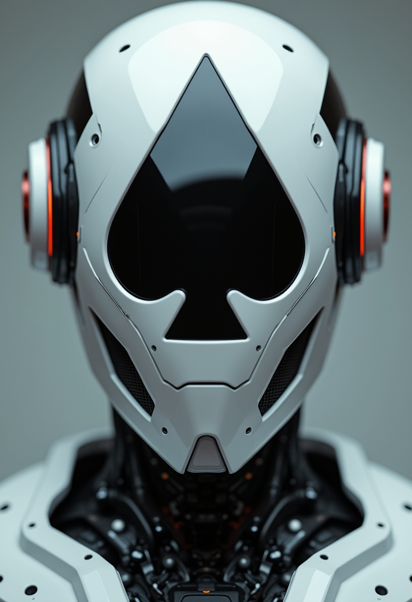 an intricate robot SG456 with a white head with a big black spade shape in the face, cinematic, cyberpunk, dynamic pose, close up, symmetrical