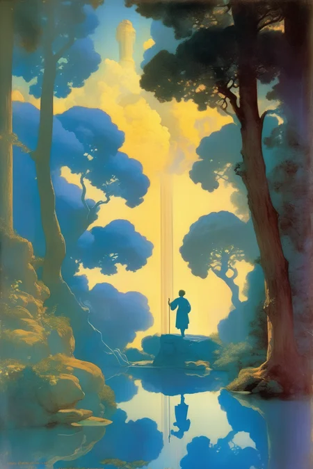 <lora:Maxfield Parrish Style:1>Maxfield Parrish Style - a beautiful paradise with a sage walking he has a visible blue aura the book cover is done in the manner of maxfield parrish wish to suggest enlightenment and joy