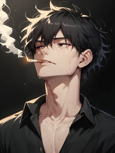 score_9, score_8_up, score_7_up, score_6_up, score_5_up, <lora:cigarette2XLP:1> 1boy, male focus, solo, cigarette, shirt, black hair, smoking, messy hair, short hair, collared shirt, black shirt, upper body, collarbone, mouth hold, smoke, simple background, sweat, looking away, hair between eyes, black background, partially unbuttoned, black eyes