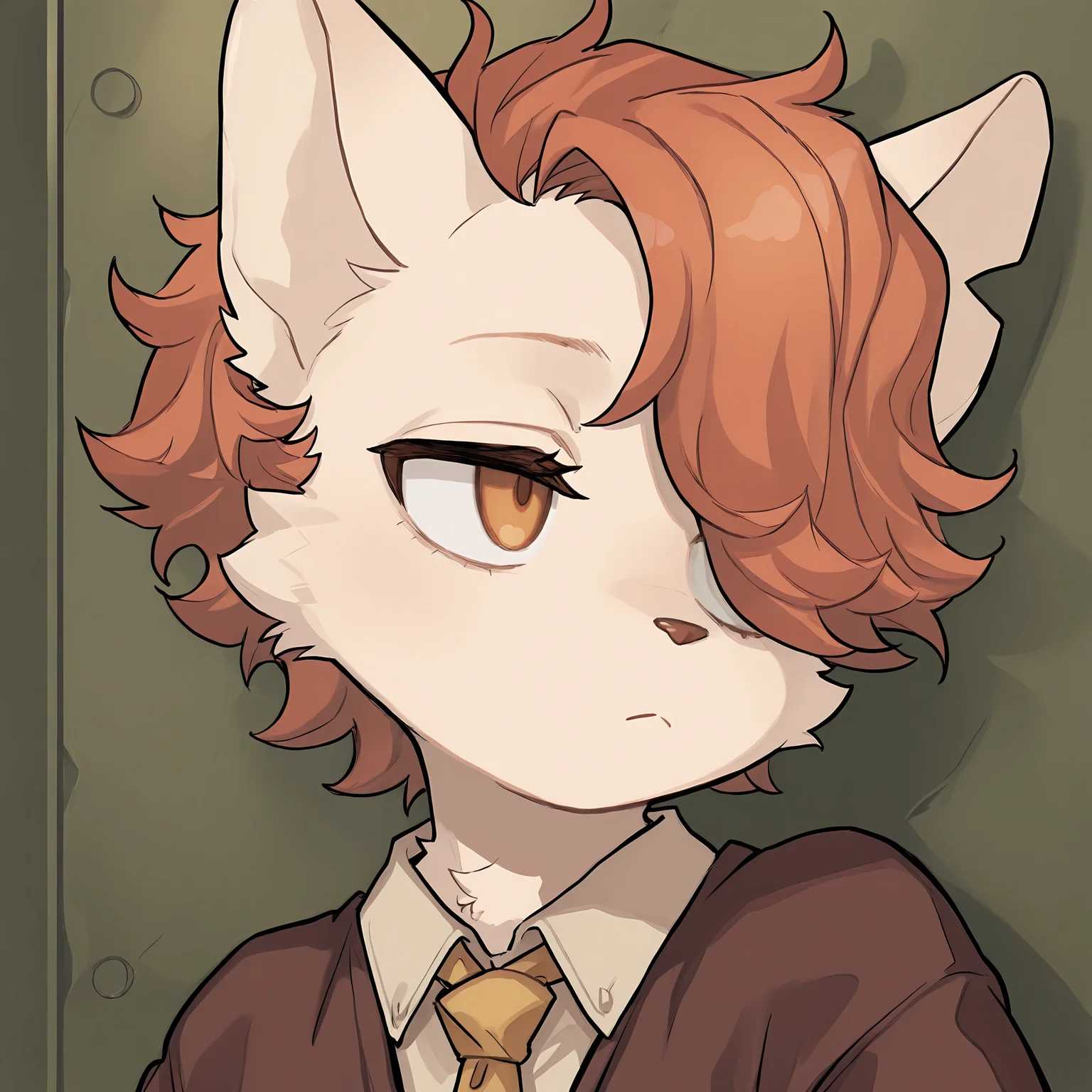 BREAK, <lora:Kyle_Bavarois_V1_Illustrious:1>, kyle bavarois, fuga: melodies of steel, kemono, furry male, cat boy, young male, 1boy, cream fur, short hair, orange hair, hair over one eye, orange eyes, animal ears, cat ears,
BREAK, fuga 2 outfit, brown sweater, tan undershirt, yellow necktie,
BREAK, (solo), face focus, close-up, looking away, bored, frown, head tilt,