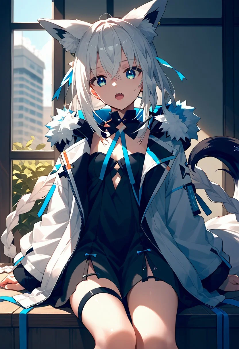 score_9,score_8_up,score_7_up,source_anime, SHIRAKAMI_FUBUKI,1girl,solo,long hair,looking at viewer,open mouth,bangs,blue eyes,hair ornament,dress,animal ears,hair between eyes,twintails,sitting,jacket,tail,braid,white hair,sidelocks,open clothes,virtual youtuber,black dress,open jacket,animal ear fluff,fur trim,fox ears,single braid,thigh strap,fox tail,white jacket,fox girl,fur-trimmed jacket,