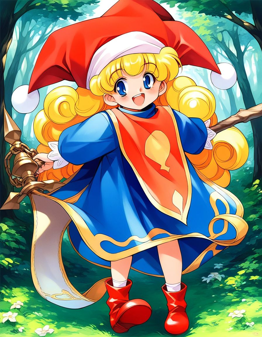 score_9, score_8_up, score_7_up, source_anime, rating_explicit, BREAK  <lora:Charlotte_seiken_densetsu3_XL:1>
Charlotte_seiken, 1girl, blonde hair, solo, hat, forest, 
full body, long hair, blue eyes, open mouth, retro artstyle, curly hair, smile, jester cap, holding, weapon, red footwear, long sleeves, tabard,