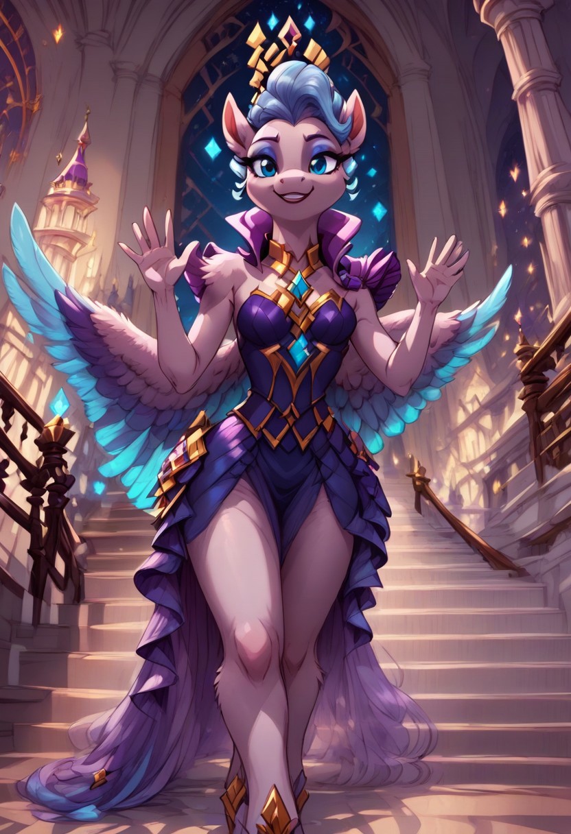 score_9, score_8_up, score_7_up, anthro,
(((Queen Haven))), pegasus, ((spread wings)),
facing viewer, front view, female focus, view from chesthight,
g5, pony, female, mare, tail, dock, solo, 1girl, highly detailed, beautiful, detailed eyes, detailed fur, beautiful eyes, (tall), ((perfect body proportions), (beautiful long legs),
small breasts, show accurate skin colour,
long hair, fluffy hair, biggest hair,
(((walking ((down)) a grand staircase))), (((waving to viewer))), ((happy, excited, smiling at viewer invitingly)),
(((wearing a beautiful, eyecoloured, bioluminescent, shoulderfree ballgown))), glowing ballgown,
BREAK,
highly detailed background, (((nighttime))), night
inside Canterlot castle, ballroom, ((grand staircase)), mirror marble floor, (((dimmed lights in the room))),