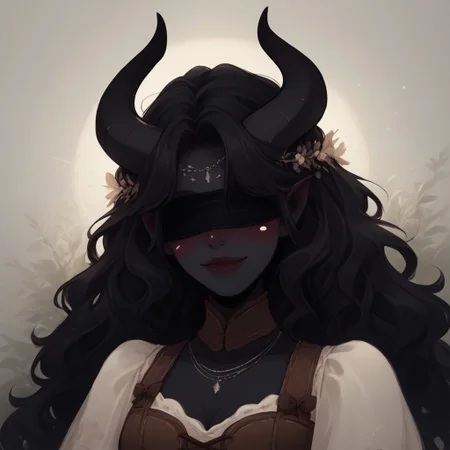 Score_9, Score_8_up, Score_7_up, (masterpiece), best quality, blindfolded, perfect face, perfect anatomy, Tiefling, pointed ears, horns, colored sclera, tail, black skin, anime girl, slim, black hair, wavy hair, median hair length, white flowy dress, brown corset that highlights her small waist, hippie aura, cleavage, romantic perspective, smiling, nervous, blushing, beautiful perspective.