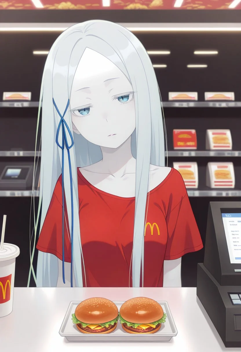 masterpiece, best quality, amazing quality,
pandora, 1girl, pale skin, long hair, white hair, blue eyes, small breasts, blue hair ornament, collarbone, blue ribbon,
simple background, 1girl, head tilt, looking at viewer, expressionless, parted lips, BREAK, mcdonalds uniform, cash register, fastfood restaurant background