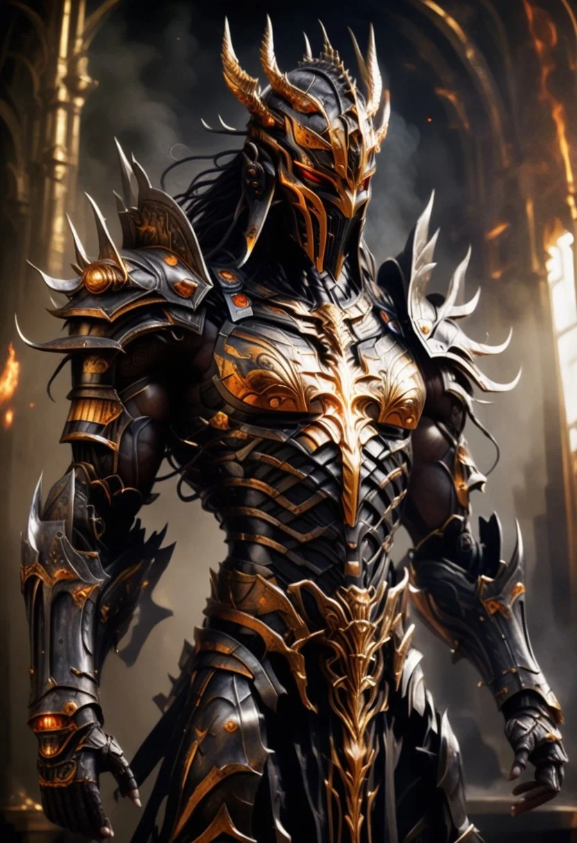 "black, and metallic outfit that appears to be made of synthetic materials. The headpiece is particularly striking, featuring a large, circular, black visor with a bright, central light, surrounded by numerous thin, illuminated rods extending outward, resembling a halo or crown. The torso and shoulders are covered in intricate, reflective patterns and textures, including small, The overall design is highly detailed, with a focus on a sleek, robotic appearance, blending elements of fashion and technology seamlessly. hyperdetailed photography, masterpiece, best quality, high quality, highres, ultra-detailed,best quality, 8K, high resolution, extreme detail,
"A menacing armored warrior stands in a dark, mystical environment, engulfed in flowing smoke and fiery embers. The character is clad in a black and gold ornate armor, with jagged, spiked edges that resemble flames or molten metal. His body is muscular and sleek, with glowing red-orange cracks visible along the armor's surface, especially around his chest and shoulders. The centerpiece of his chest is a radiant orange gem that seems to pulse with energy. His helmet is black and seamless, covering his entire face, and crowned with sharp, golden, flame-like protrusions. The environment around him is dimly lit, with dark, swirling smoke and faint embers illuminating the warrior. The overall aesthetic is a fusion of dark fantasy and futuristic armor, with an aura of danger and immense power."