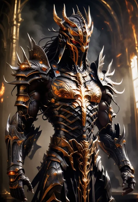 "black, and metallic outfit that appears to be made of synthetic materials. The headpiece is particularly striking, featuring a large, circular, black visor with a bright, central light, surrounded by numerous thin, illuminated rods extending outward, resembling a halo or crown. The torso and shoulders are covered in intricate, reflective patterns and textures, including small, The overall design is highly detailed, with a focus on a sleek, robotic appearance, blending elements of fashion and technology seamlessly. hyperdetailed photography, masterpiece, best quality, high quality, highres, ultra-detailed,best quality, 8K, high resolution, extreme detail,
"A menacing armored warrior stands in a dark, mystical environment, engulfed in flowing smoke and fiery embers. The character is clad in a black and gold ornate armor, with jagged, spiked edges that resemble flames or molten metal. His body is muscular and sleek, with glowing red-orange cracks visible along the armor's surface, especially around his chest and shoulders. The centerpiece of his chest is a radiant orange gem that seems to pulse with energy. His helmet is black and seamless, covering his entire face, and crowned with sharp, golden, flame-like protrusions. The environment around him is dimly lit, with dark, swirling smoke and faint embers illuminating the warrior. The overall aesthetic is a fusion of dark fantasy and futuristic armor, with an aura of danger and immense power."