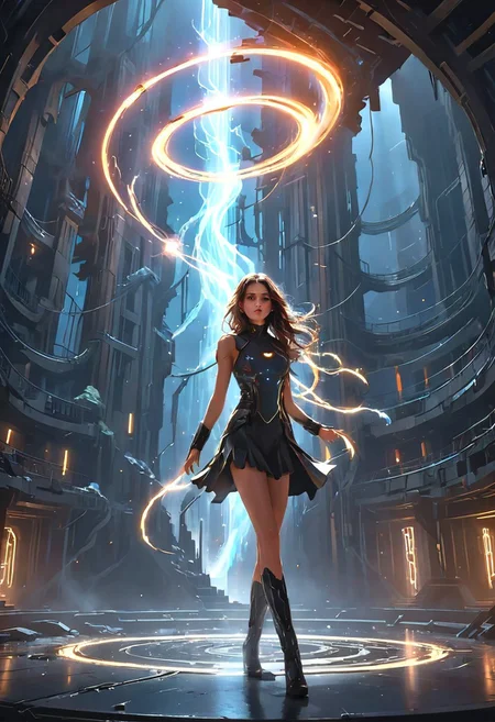 score_9, score_8_up, score_8_up, beautiful girl, futuristic model, wild playful hair, in an action spell-casting pose, summoning her magics, glowing light swirl in orbit around her, sly smile. Beautiful and dangerous atmosphere. Standing in the shadow of a wrecked building, water gushing like waterfalls from high up the building. A large partially shattered moon in the sky. From below. Resplendent spotlight highlighting, cinematic composition and lighting. Masterpiece. 8k. Very detailed.