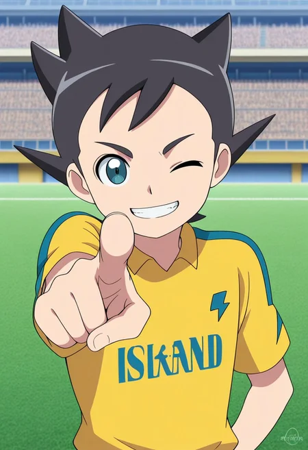 masterpiece,best quality,amazing quality, source_anime,
InamoriAsuto, 1boy, male focus, solo, green eyes, black hair, spiked hair, inakumi soccer uniform, shirt, yellow shirt, short sleeves, smile, one eye closed, grin, outdoor, pointing, at viewer,