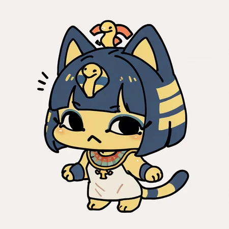 1GIRL , CHIBI , SOLO ,<lora:sechi_style-000008:1> score_9, score_8_up, score_7_up, cutechibiprofile , 1girl, Ankha_(Animal_Crossing), looking to the viewer, black_eyes, blue_hair, short_hair, yellow_skin, cat_girl, shiny_skin, jewelry