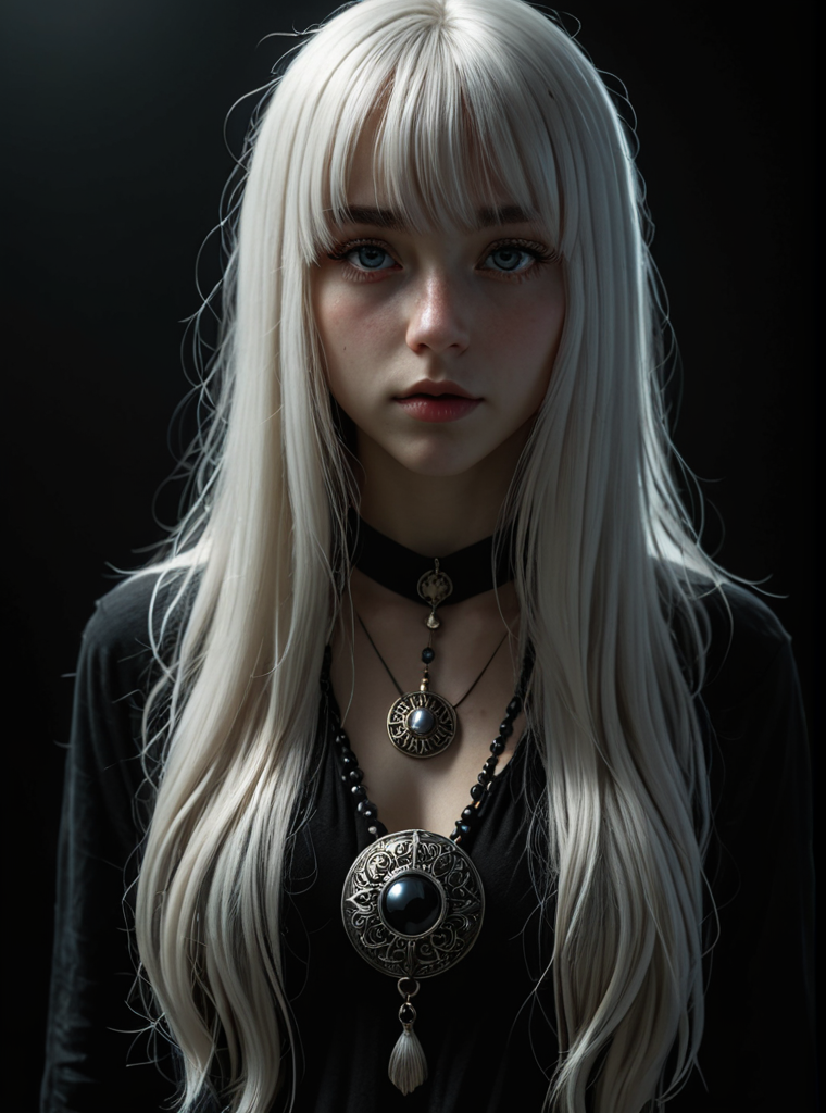 Full body portrait of girl with long white hair and bangs, a large obsidian medallion, low head, hyper detailed eyes, backlighting, shadows, very high contrast, overhead light, dark background, photo quality, 4K