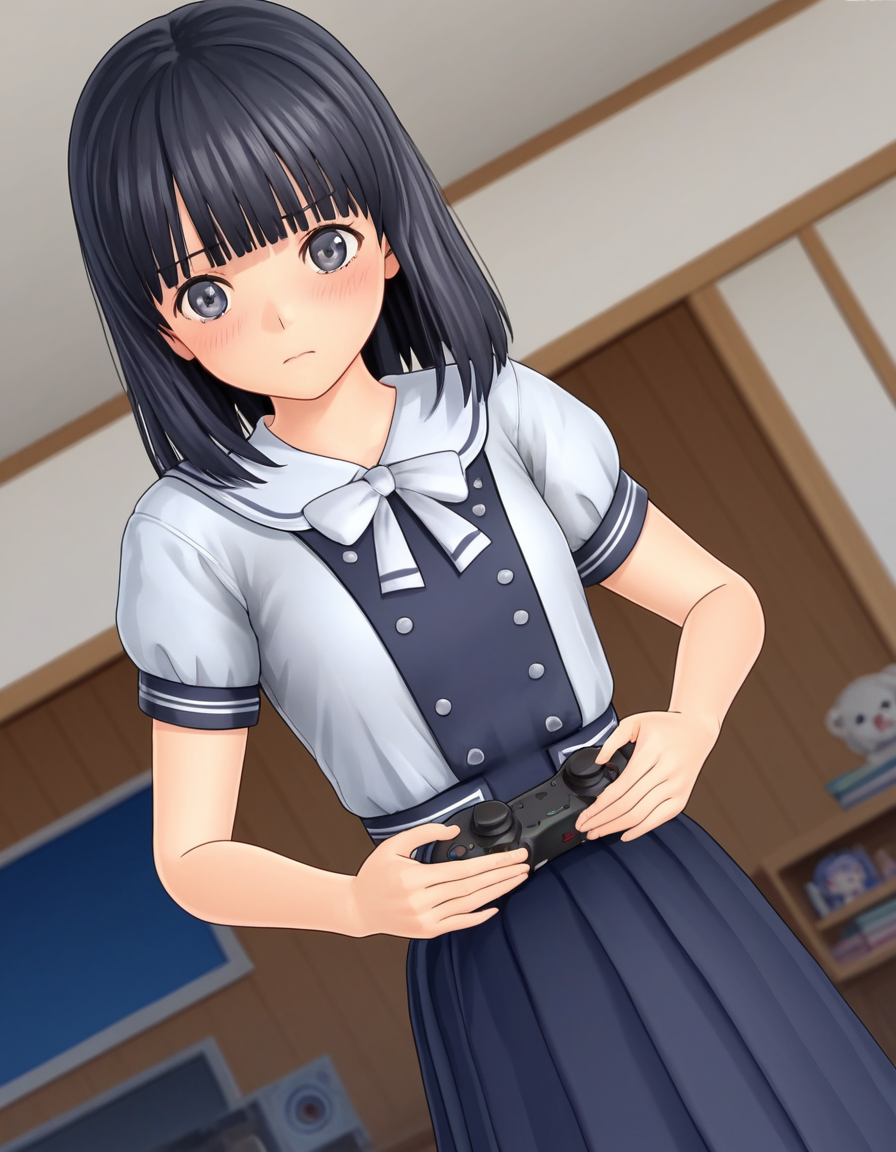 score_9, score_8_up, score_7_up, source_anime, <lora:rinze-himenogi-ingame-ponyxl-lora-nochekaiser:1>, rinze himenogi, bangs, black hair, blunt bangs, black eyes, 3d, skirt, dress, school uniform, short sleeves, puffy sleeves, black dress,, living room, video game, controller, competitive, fun, afternoon, , , hands on stomach, blush,, solo,, dutch angle,