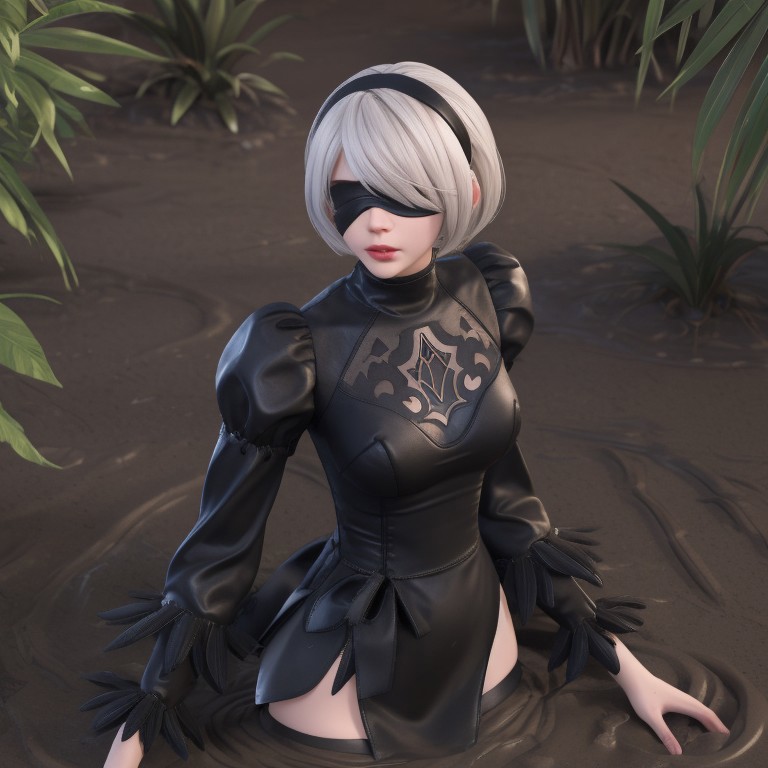 Masterpiece, best quality, 3DMM, shiny skin, 1girl, medium breasts, waist-deep, rainforest, clearing, tropical plants, 3d animation, cgi, from above, looking at the viewer, scared, :o,  partially submerged, sinking in quicksand, brown mud, hm2b, black blindfold, covered eyes, mole under mouth, clothing cutout, long sleeves, puffy sleeves, juliet sleeves, feather trim, black thighhighs, black gloves, black dress, black skirt
