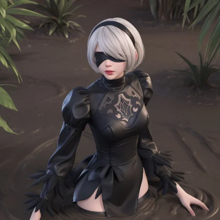 Masterpiece, best quality, 3DMM, shiny skin, 1girl, medium breasts, waist-deep, rainforest, clearing, tropical plants, 3d animation, cgi, from above, looking at the viewer, scared, :o, partially submerged, sinking in quicksand, brown mud, hm2b, black blindfold, covered eyes, mole under mouth, clothing cutout, long sleeves, puffy sleeves, juliet sleeves, feather trim, black thighhighs, black gloves, black dress, black skirt