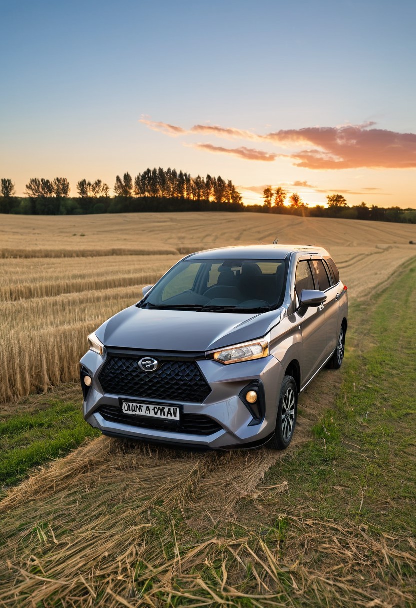 high resolution, best quality, Car, Daihatsu Xenia, Countryside barn, hay fields, sunset,