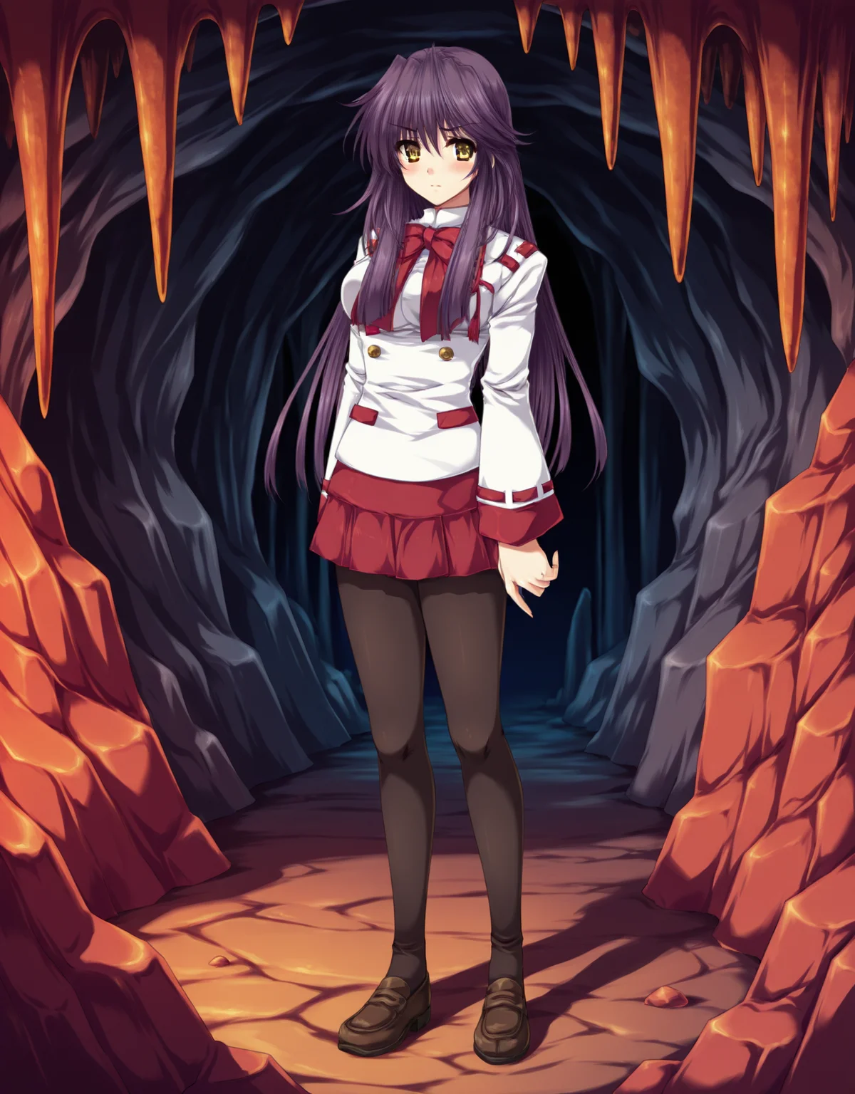 masterpiece,best quality,very aesthetic,zPDXL,
1girl,cave,indoors,solo,purple hair,long hair,full body,yellow eyes,uncensored,<lora:yae_new-000029:0.9>,blush,standing,pantyhose,bow,school uniform,red bow,skirt,long sleeves,black pantyhose,bowtie,red bowtie,buttons,ribbon trim,yae_d2,red skirt,monster cave,monster's lair,