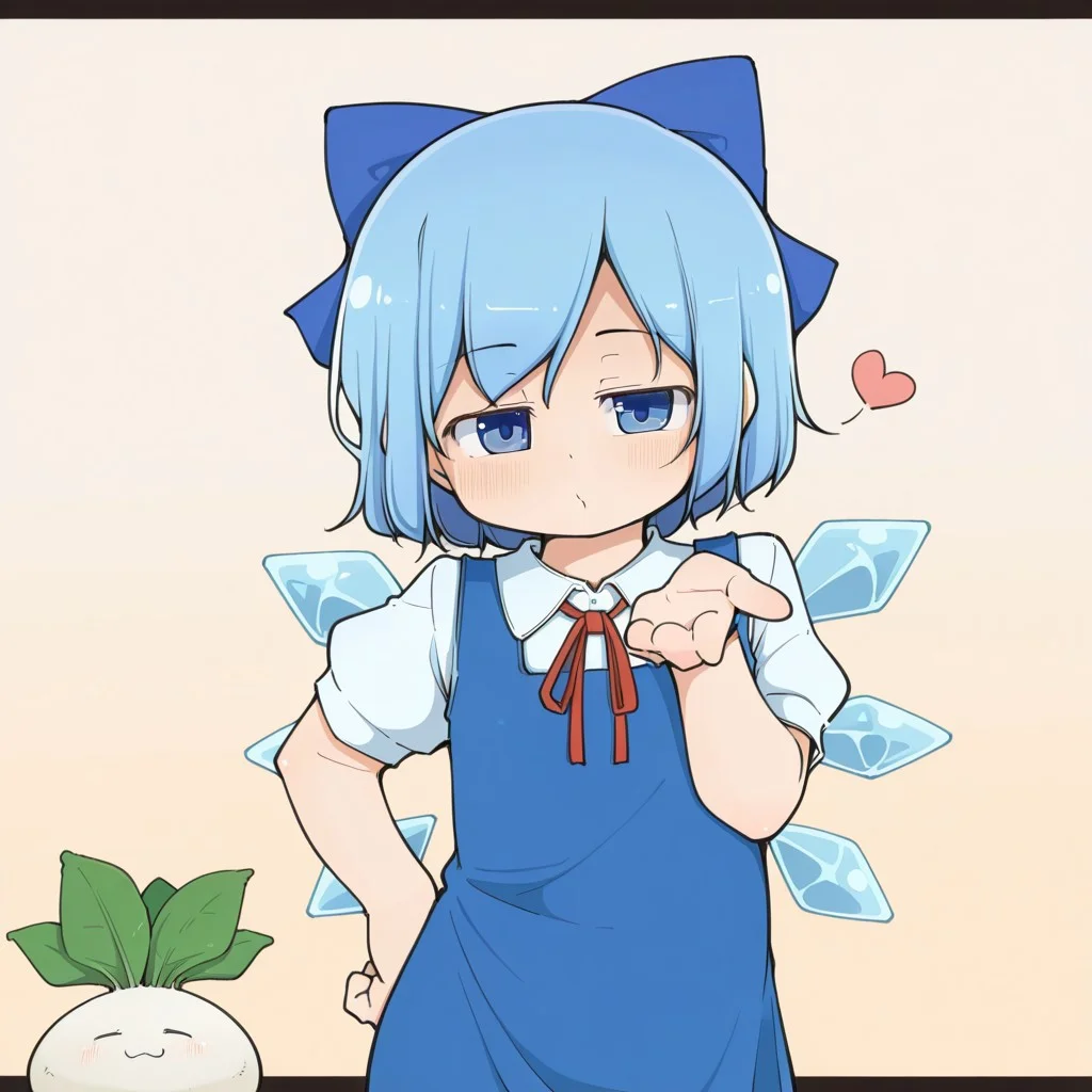 absurdres, highres, masterpiece, best quality, amazing quality, ((turnip kabura)), by Kabu, ((artist:turnip kabura)), 1girl, cirno, blowing kiss, blue bow, blue dress, blue eyes, blue hair, bow, dress, hair bow, hand on own hip, ice wings, neck ribbon, puffy short sleeves, ribbon, shirt, short hair, short sleeves, skirt, solo, white shirt, wings, cowboy shot, straight-on, leaning to the side