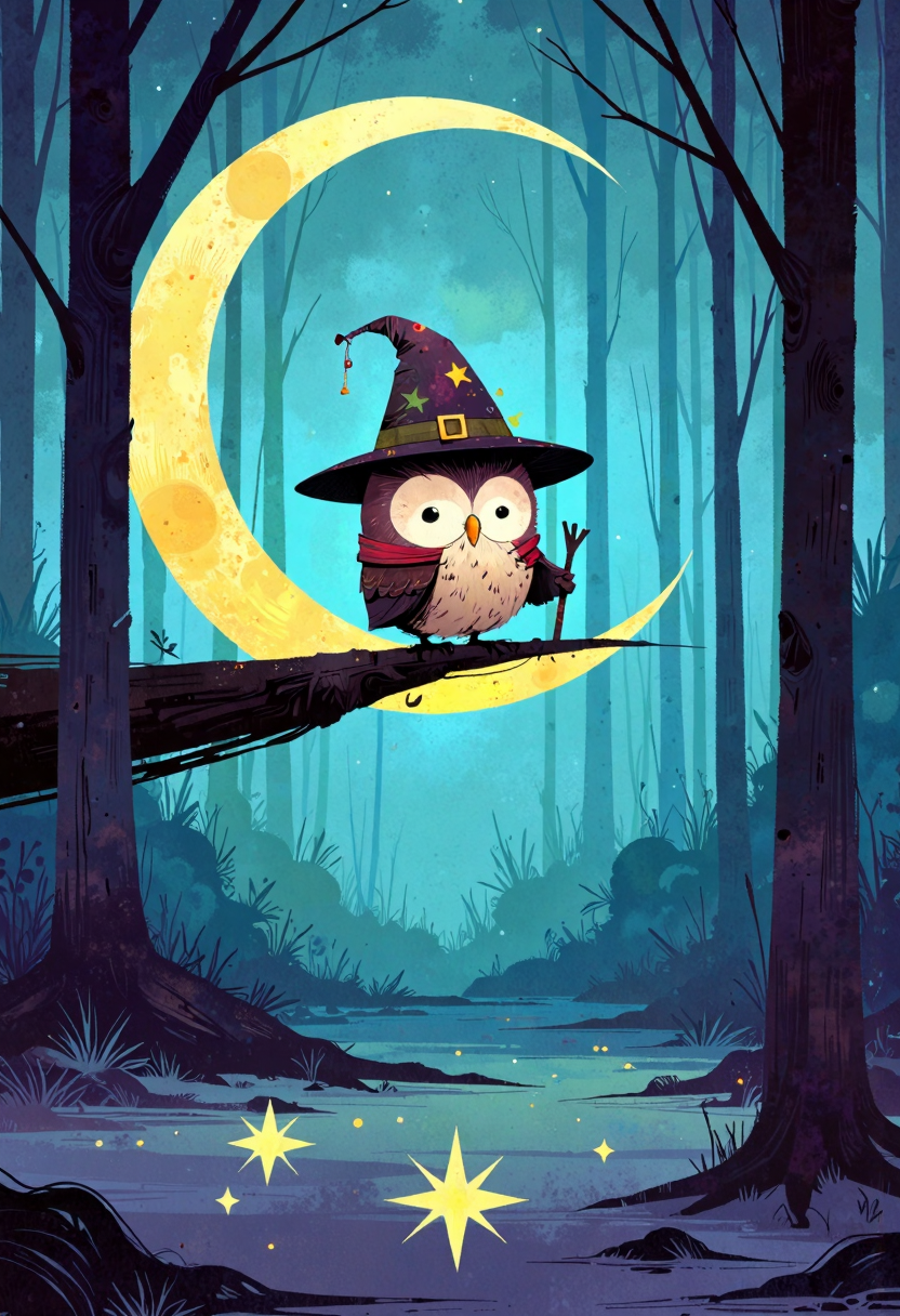 ppstorybook,A little owl wearing a tiny wizard hat, perched on a crescent moon above a forest of sparkling stars, holding a wand and casting spells, rendered in a dreamy, whimsical style with vibrant blues and purples.