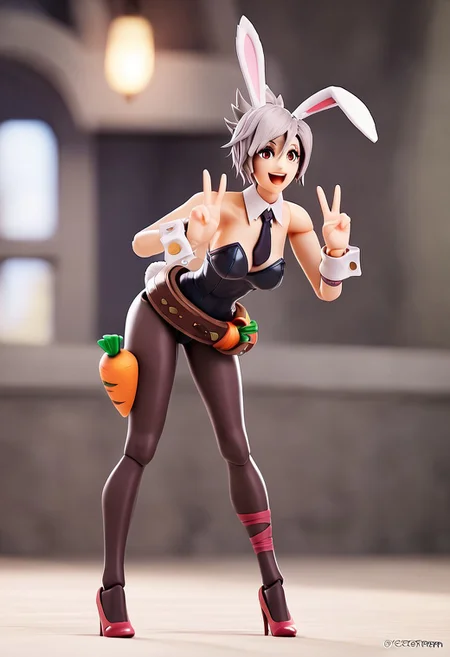 score_9,score_8_up,score_7_up,<lora:spfigmaFigurineXLPony2:0.8>,3d,figma,depth of field,blurry background,Rvn, Buny, rabbit ears, short hair, tucked ponytail, detached collar, necktie between breasts, bare shoulders, strapless leotard, single glove, single wrist cuff, tail, belt with carrot shaped pouch, pantyhose, high heels,happy,leaning forward,double v,