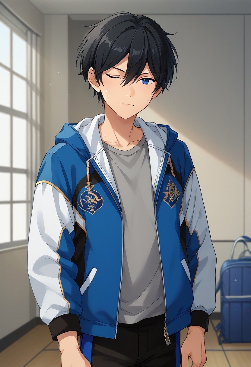 score_9, score_8_up, score_7_up, source_anime, highly detailed, 
hokuto, 1boy, male focus, black hair, blue eyes, one eye closed, jacket, pants, solo, shirt, grey shirt, hair between eyes, indoors, sweatdrop, blue jacket, closed mouth, short hair, hood, bangs, looking at viewer,
open jacket, black pants, practice uniform, upper body,