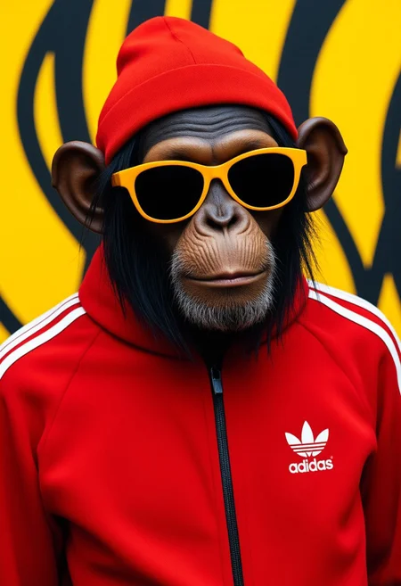 hyperrealistic full-body shot of a chimp with yellow sunglasses wearing a red Adidas-style tracksuit and a red beanie. the background is graffiti shapes in a yellow and black color scheme