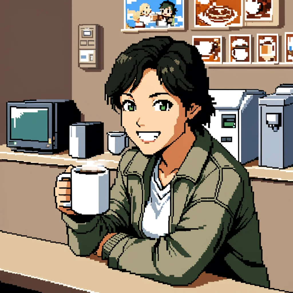 (pixelated,style of pc-98:1.1),1girl,sitting behind cafe counter, <lora:TalianaAnimagineXL:0.7>,Taliana,jacket,shirt,smiling,holding mug of hot coffee