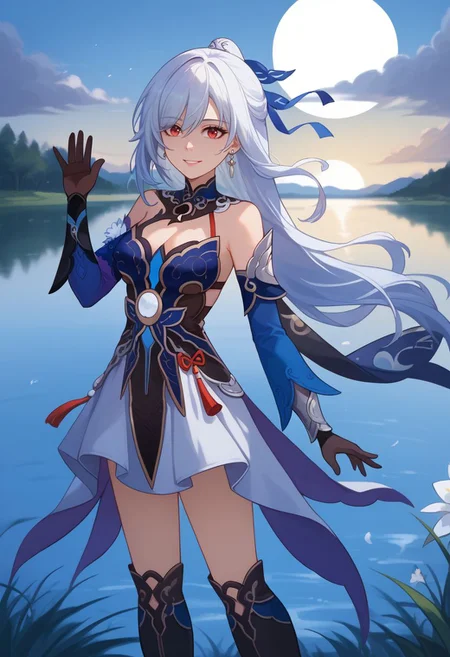 score_9, score_8_up, score_7_up, source_anime, 1girl, jingliudef, red eyes, white hair, long hair, high ponytail, earrings, jewelry, medium breasts, bare shoulders, detached sleeves, blue sleeves, blue dress, cleavage, black gloves, white skirt, black footwear, boots, smile, standing, waving, looking at viewer, outdoors, lake, grass, sun, upper body, <lora:Jingliu_v1-000010:1>