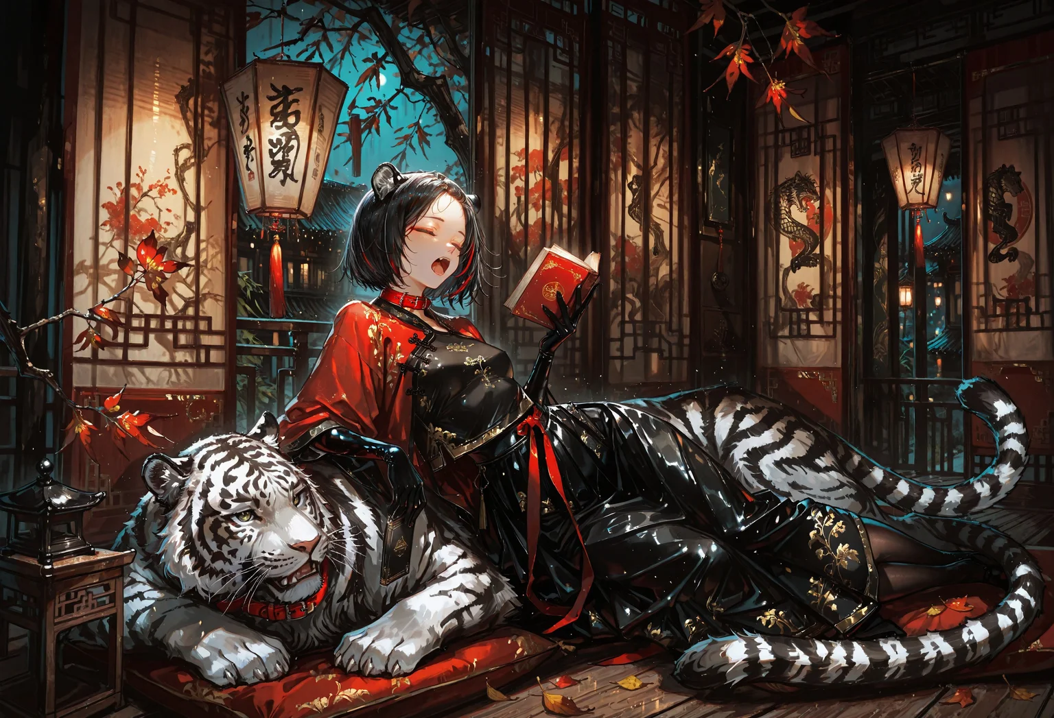 1rregular_b0, hyperdetailed_bg, (realistic_bg:1.2, su22eal_bg:1.2), (full_bg:1.1), (indoors, loaded_interior, rural china, oriental theme, branch, leaf, hanging lantern, windchime, balcony, night, folding_screen), (detailed background),
(1girl, tiger, holding book, lying on side, solo, closed eyes, yawning), ((vintage_china_clothing:1.3), red haori, black skirt, long skirt, tiger_ears, tiger_tail, black latex elbow gloves, red collar, black latex stockings), ((great anatomy, correct anatomy, akariL, short hair, black hair, wide forehead, red_streaked_hair, greenish_grey_pupils, red_iris, small breasts)),
(very_wide_shot, upperbody),
((best quality, absurdres, amazing quality, HD, intricate, ultra-detailed, newest, visual impact, very aesthetic, high contrast, eye_focus)), 4K, detailed facial features, detailed clothing features, detailed texture