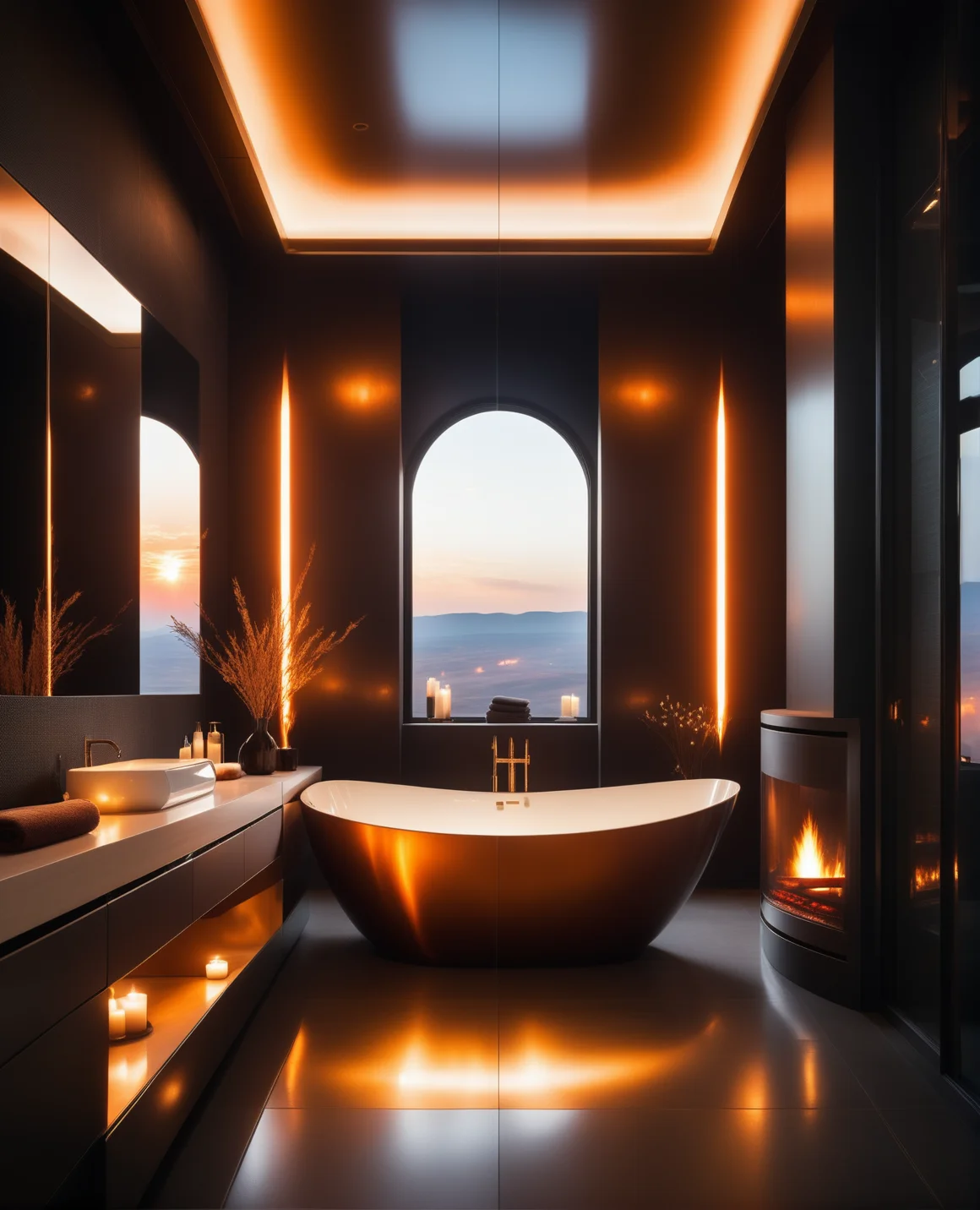 masterpiece, high quality, a reij-ebsu bath room, sunrise shines, fireplace, retro sci fi steampunk <lora:ebony sunset-000001:0.7>