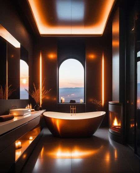 masterpiece, high quality, a  reij-ebsu bath room, sunrise shines, fireplace, retro sci fi steampunk <lora:ebony sunset-000001:0.7>